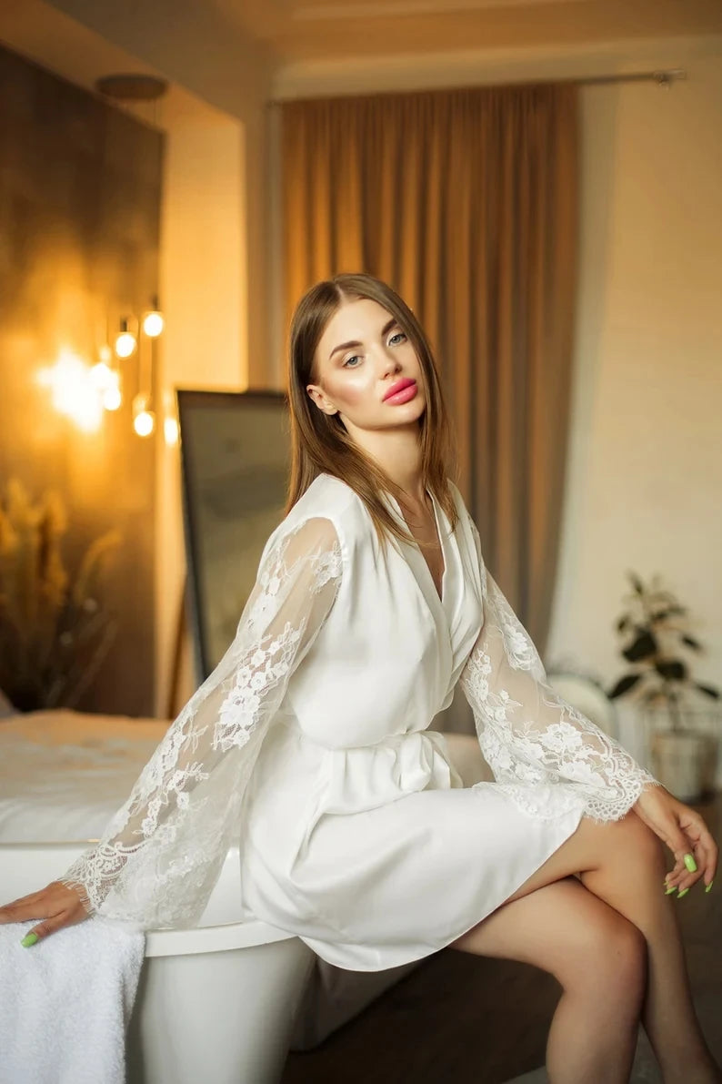 Bride Robe with Lace Sleeves