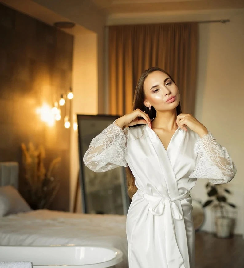 Bride Robe with Lace Sleeves