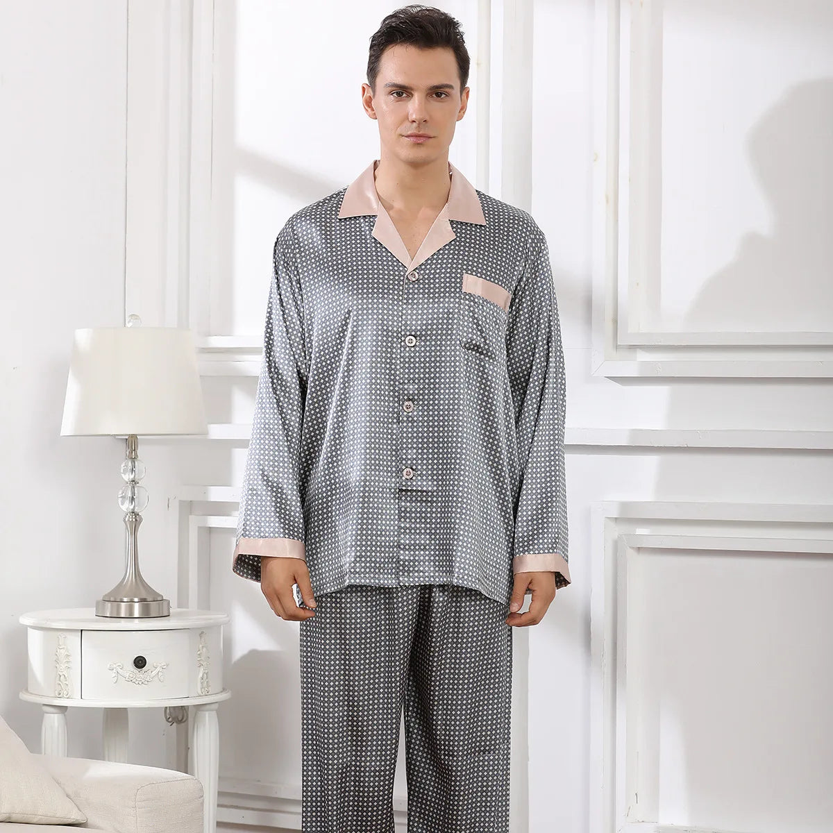 Men's Grey Long Sleeve Pants Silk Pyjama Set