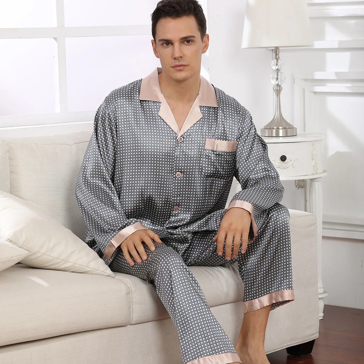 Men's Grey Long Sleeve Pants Silk Pyjama Set
