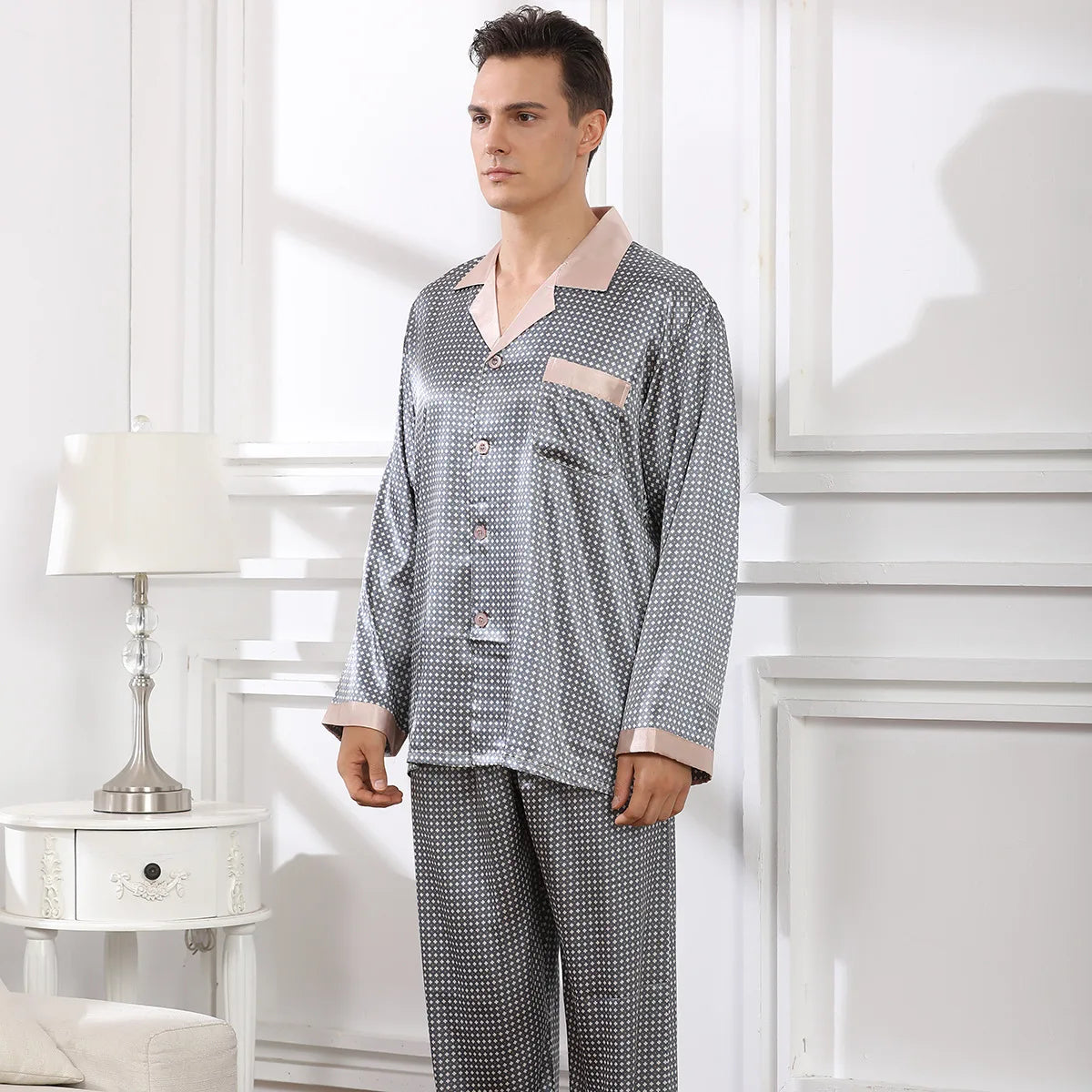 Men's Grey Long Sleeve Pants Silk Pyjama Set
