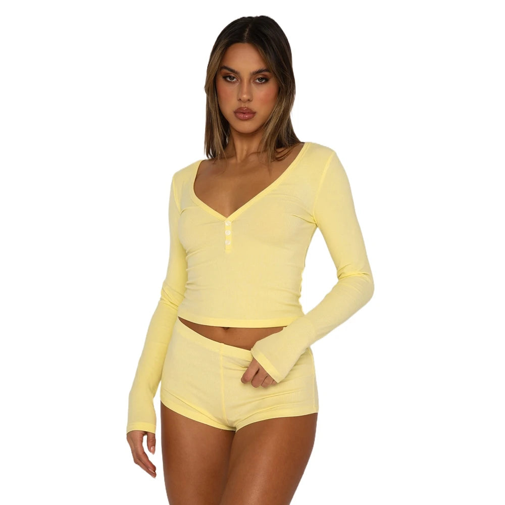 Women's Solid V-Neck Top & Low Waist Short PJ Set