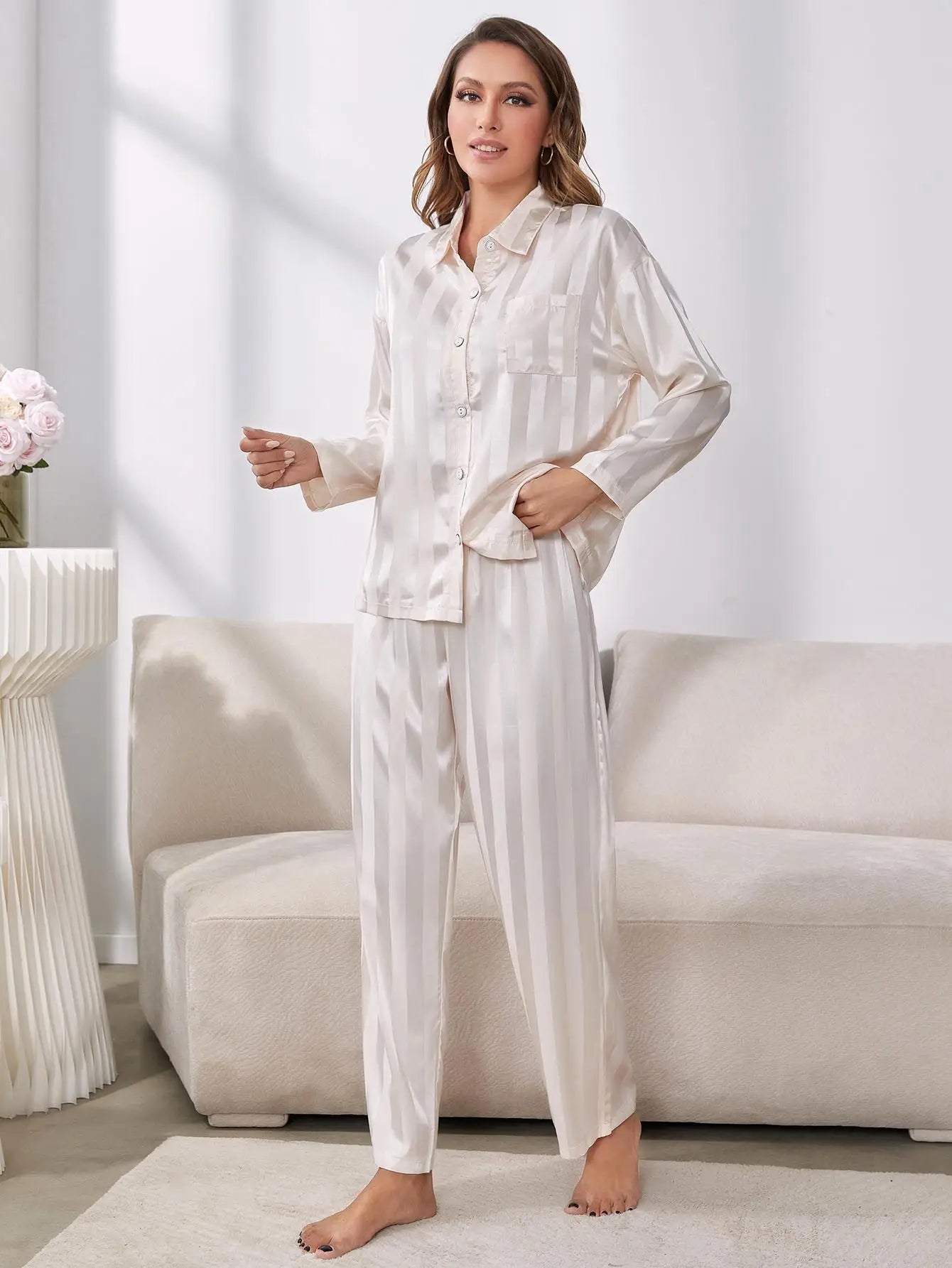 White Striped Women's Pyjama Top & Bottoms