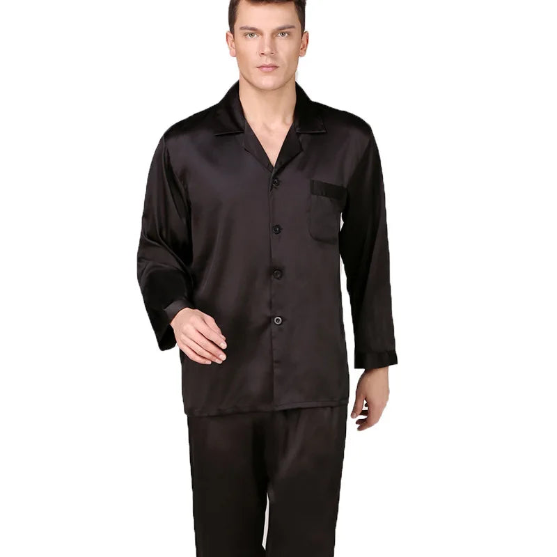 Men's Brown Black Long Sleeve Silk Pyjama Set