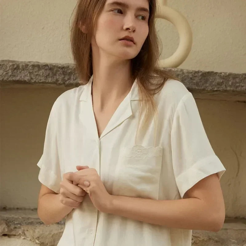 Women's Cotton Satin Embroidery Pyjama Set