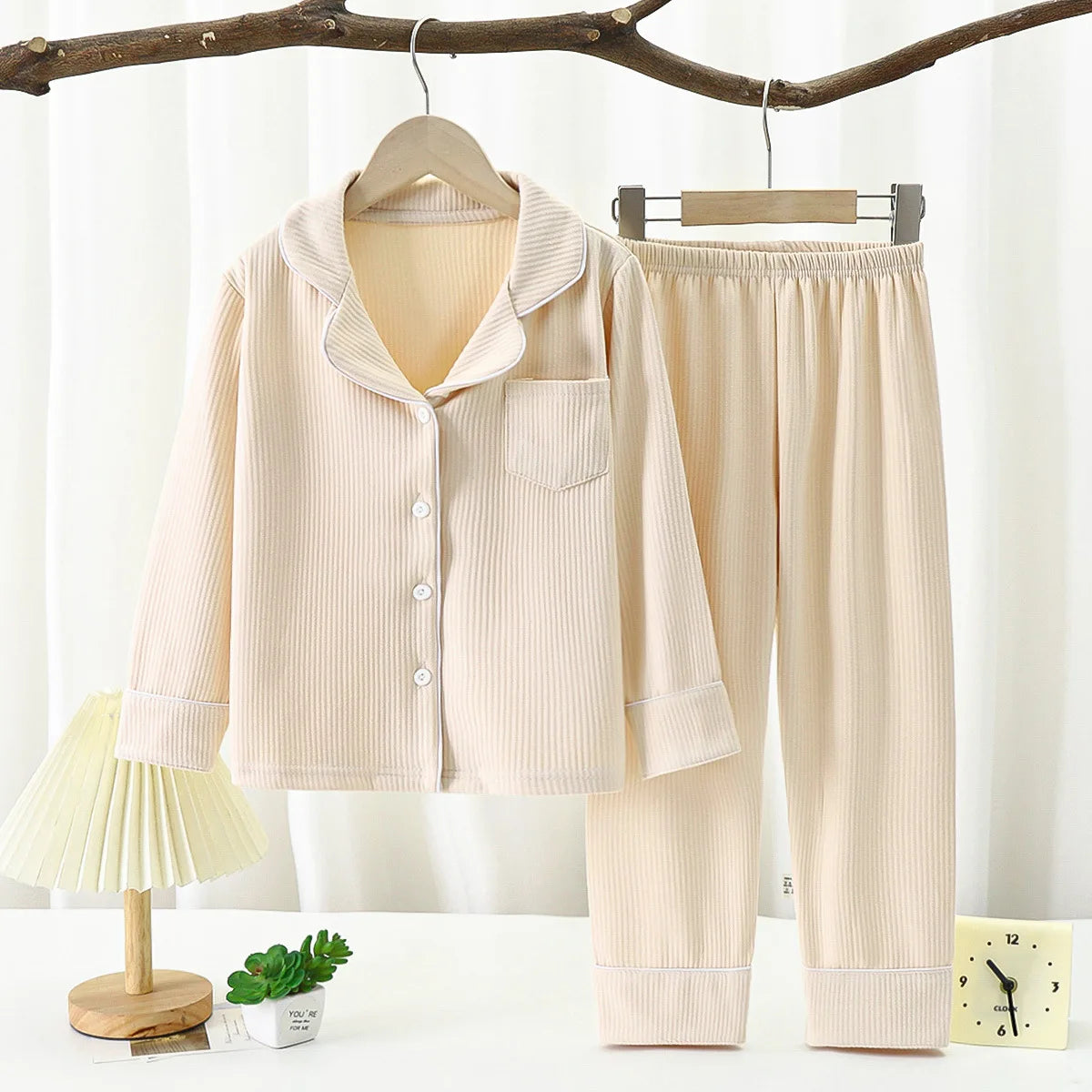 Kids Cream Button Up Long Sleeve Pyjama Set
