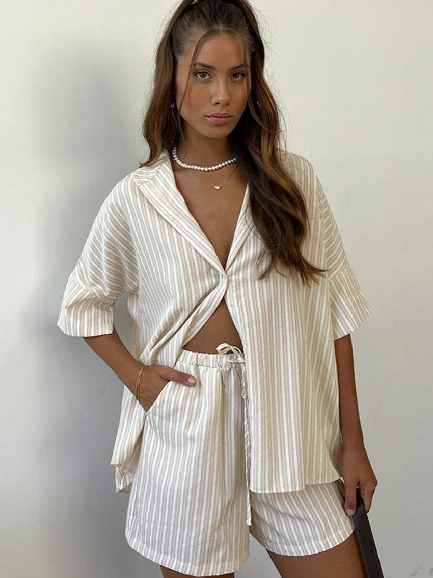 Women's Striped Shirt & Shorts Pyjama Set