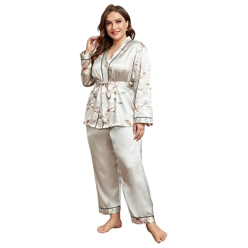 Plus Size Women's Satin Cardigan Pyjamas Set