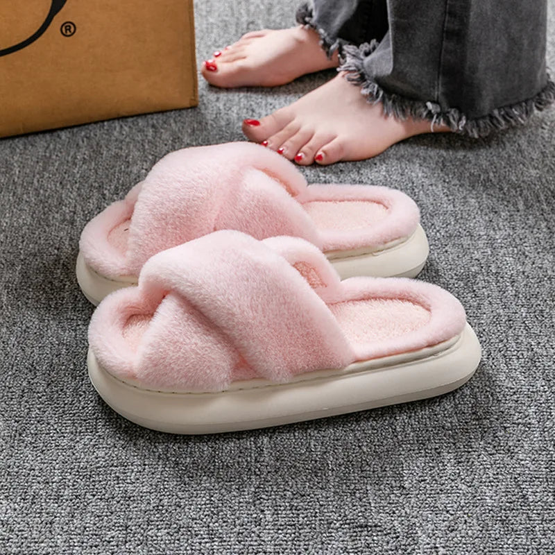 Women's Fluffy Criss Cross Slippers