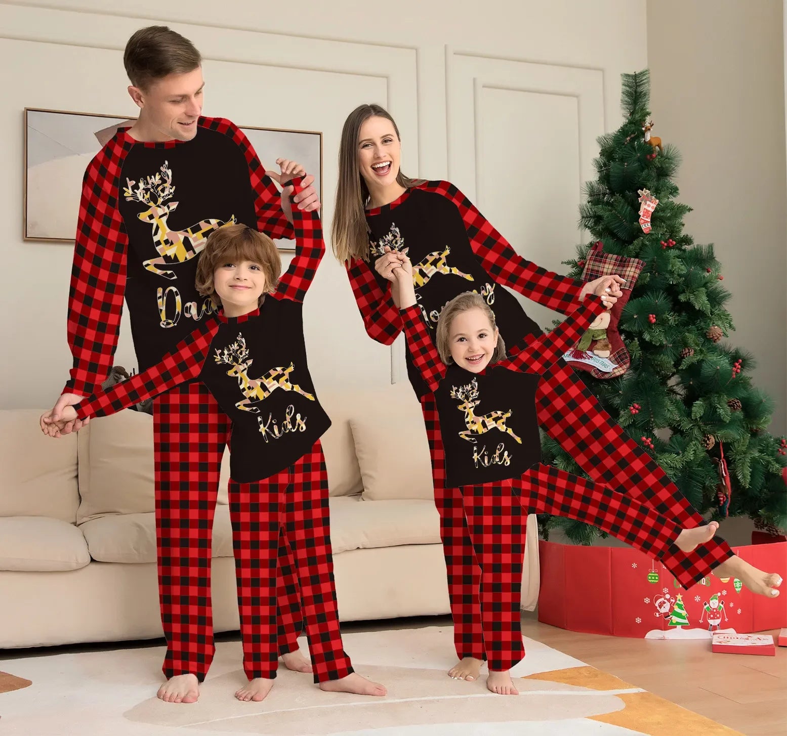 Plaid Reindeer Family Christmas Pyjama Set