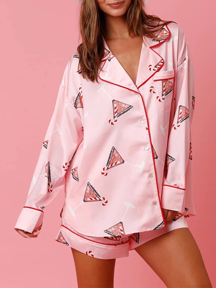 Women Pink Christmas Santa Pyjama Shortie Set
