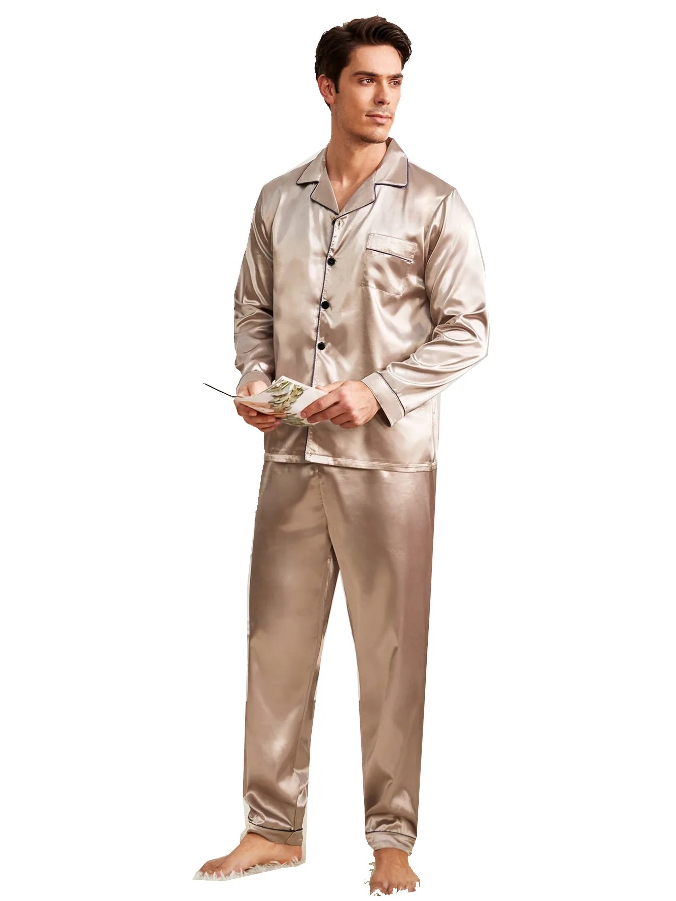 Men's Button Up Silk Pyjamas Set