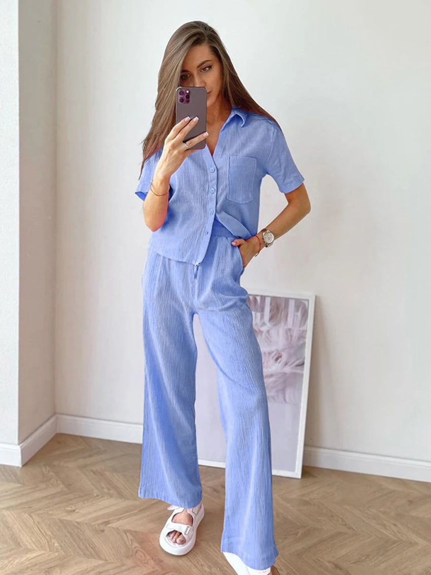 Women's Blue Wide Leg Pyjama Set