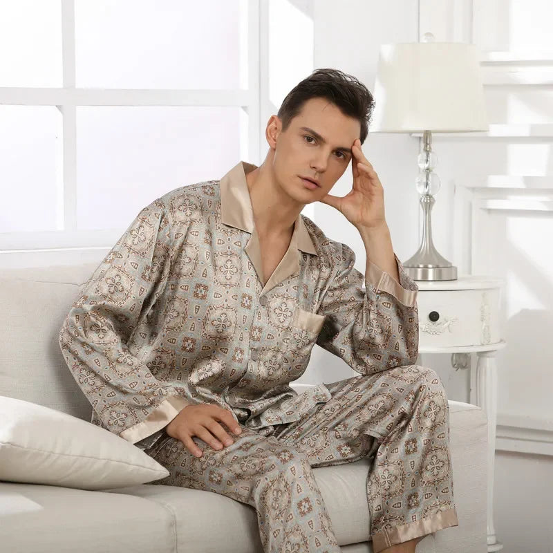 Men's Beige Long Sleeve Silk Pyjamas Set