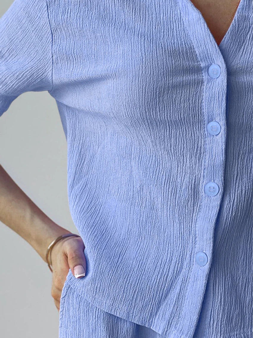 Women's Blue Wide Leg Pyjama Set