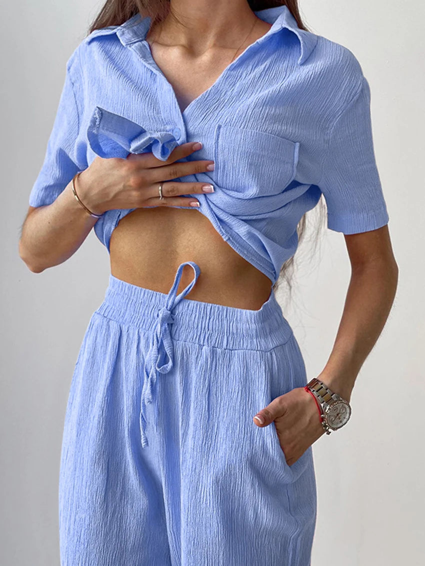 Women's Blue Wide Leg Pyjama Set