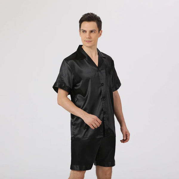 Men's Black Satin Short Sleeve PJ Set