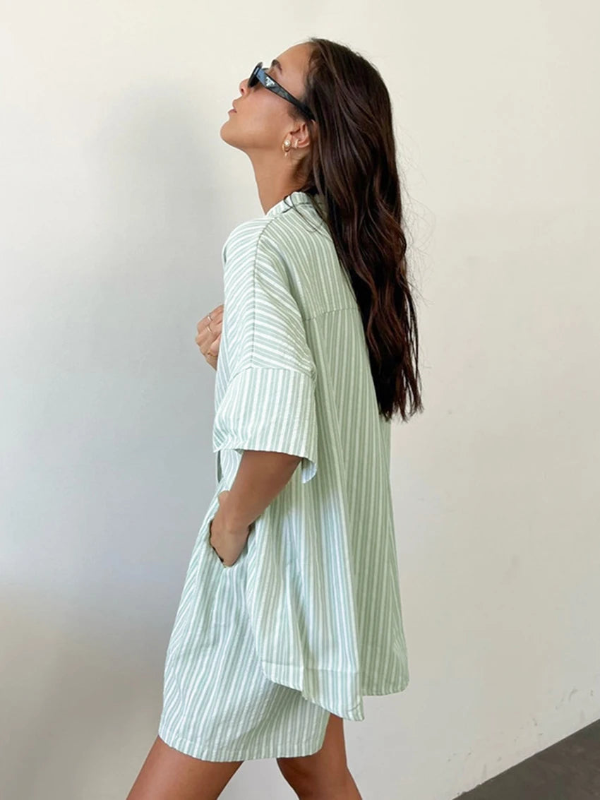Women's Striped Shirt & Shorts Pyjama Set