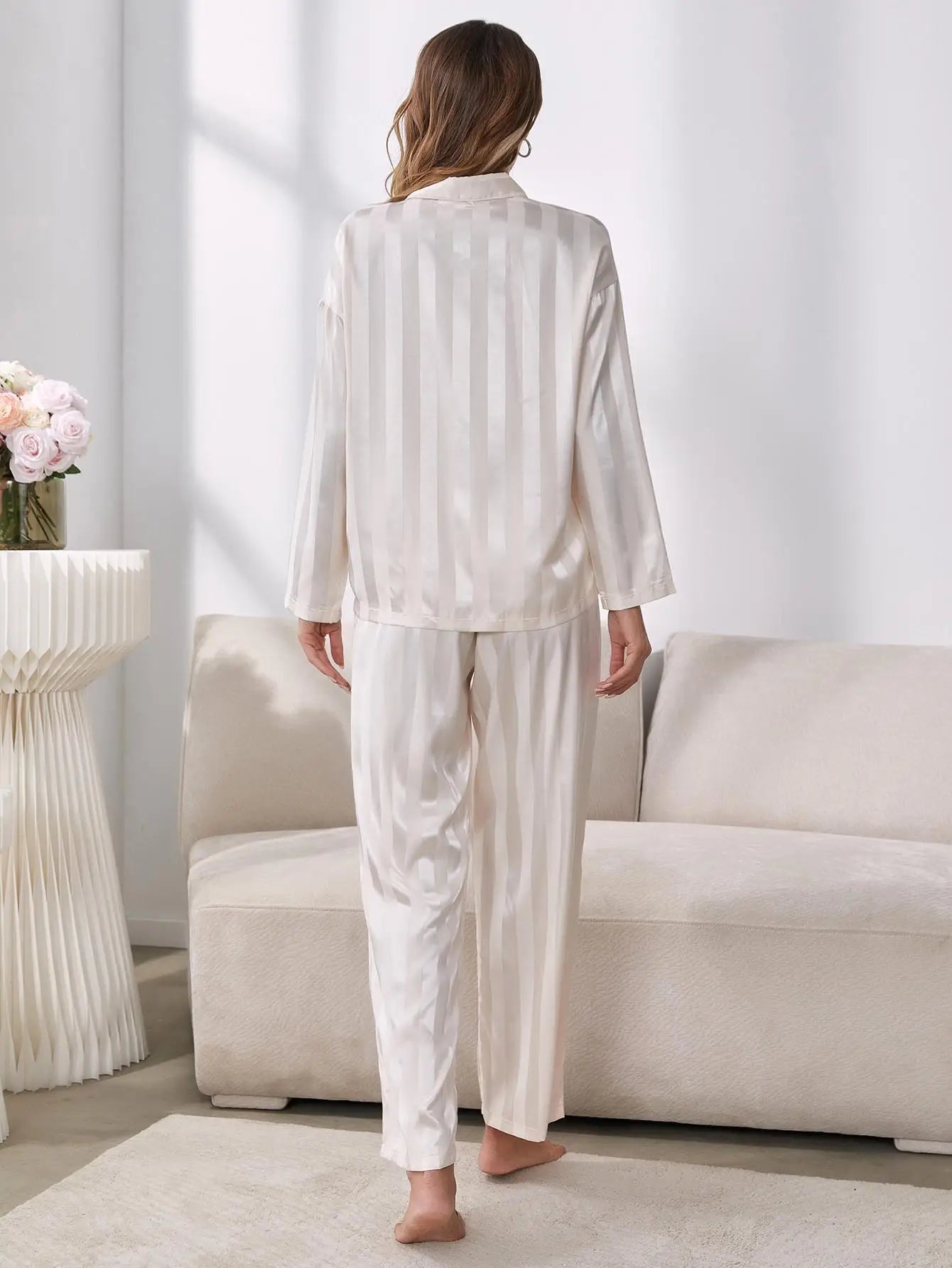 White Striped Women's Pyjama Top & Bottoms