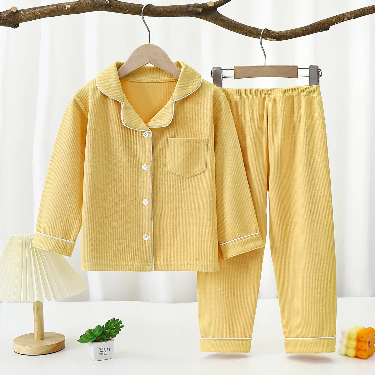 Kids Yellow Button Up Long Sleeve Pyjama Set