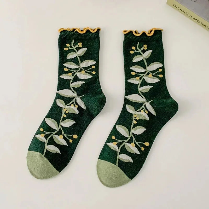 Women's Retro Green Flower Socks
