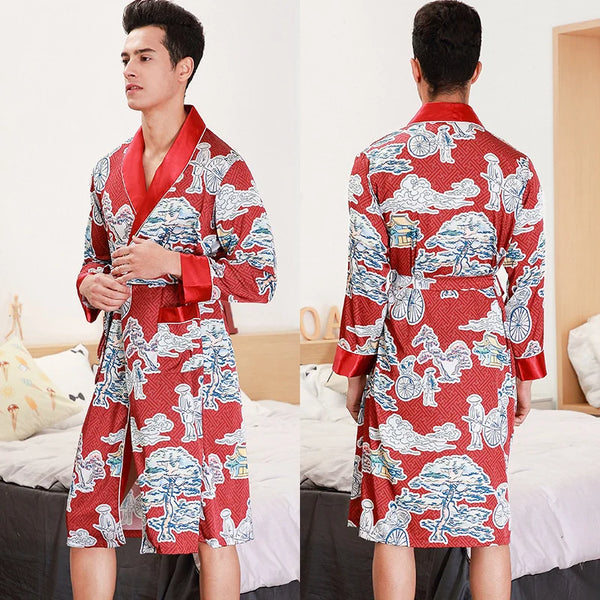 Men's Red Bonsai Silk Satin Robe