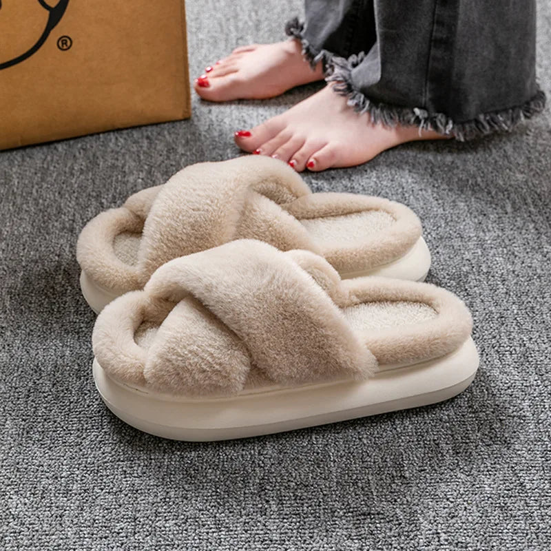 Women's Fluffy Criss Cross Slippers