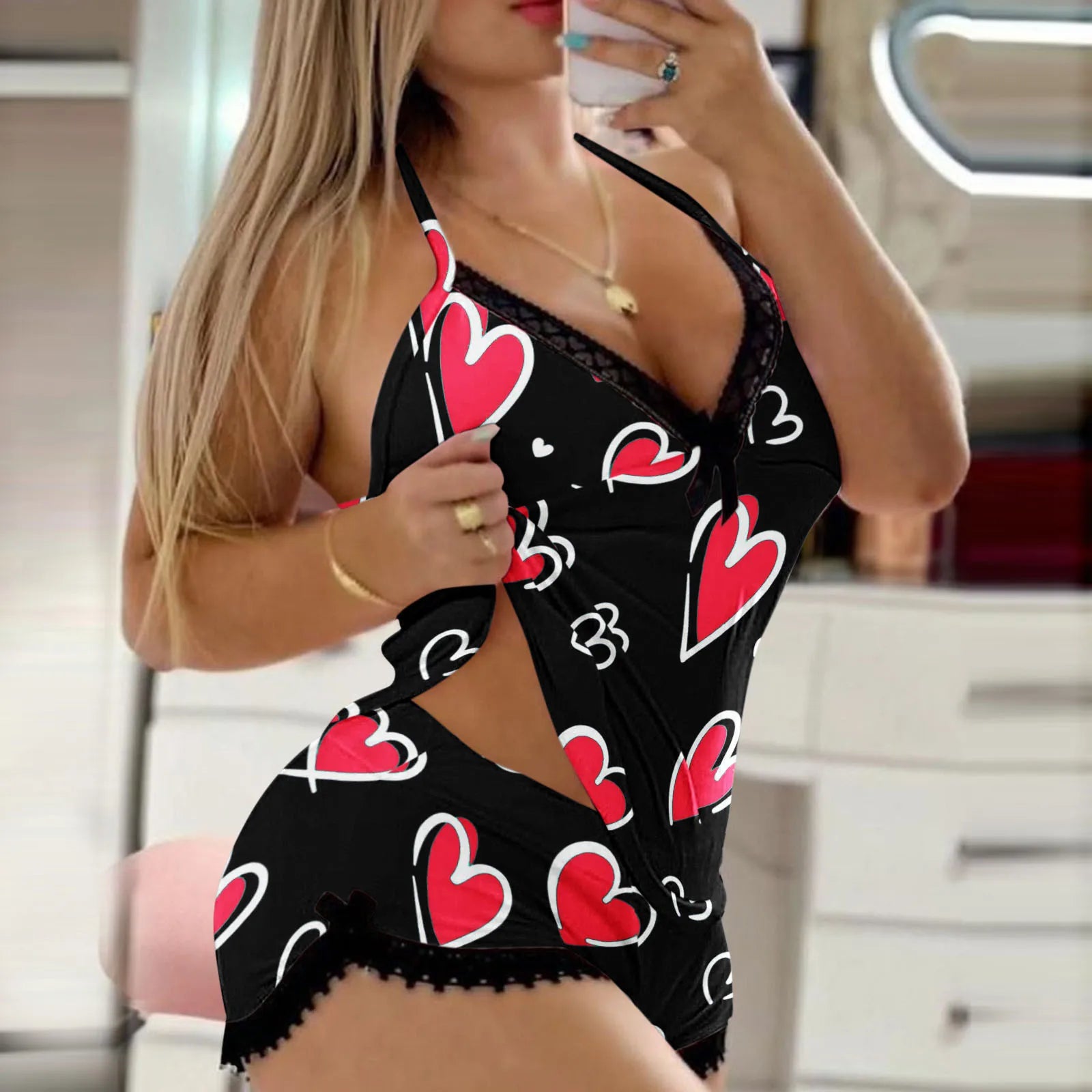 Sexy V-Neck Satin Pyjama Shorts Set