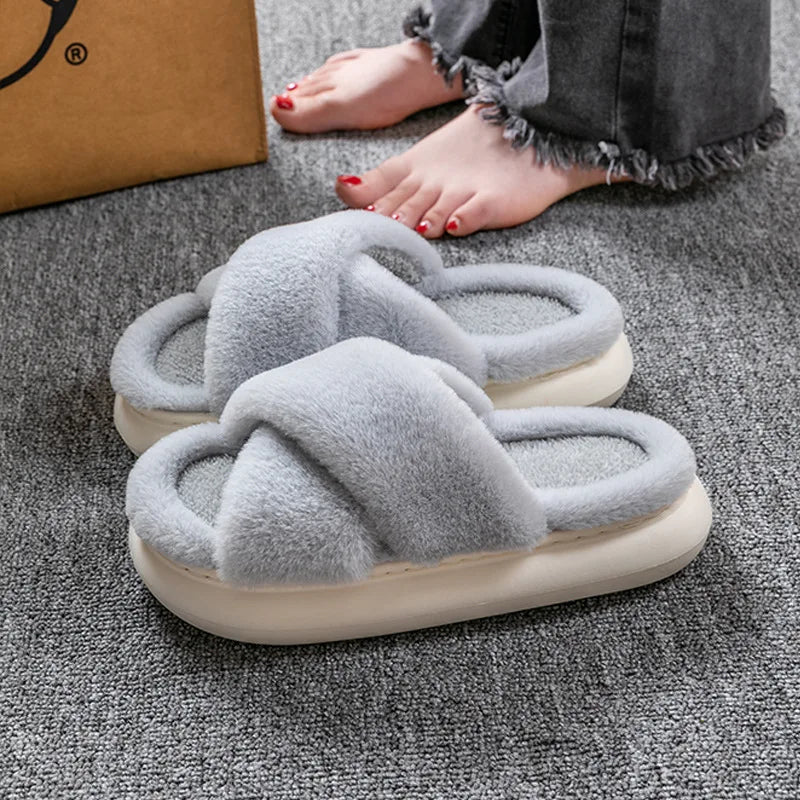 Women's Fluffy Criss Cross Slippers