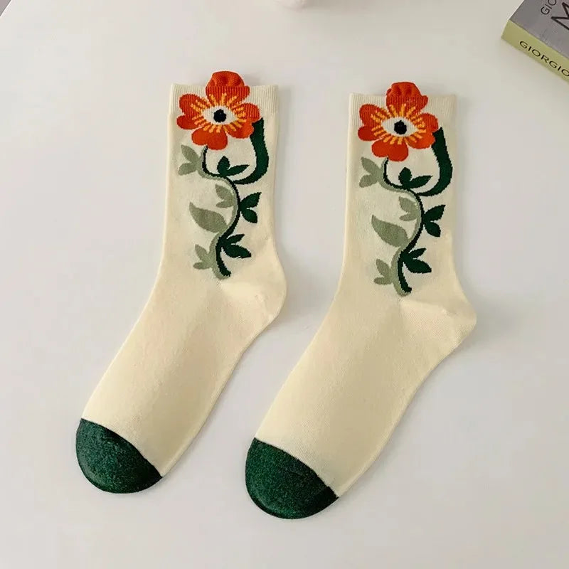 Women's Retro Green Flower Socks