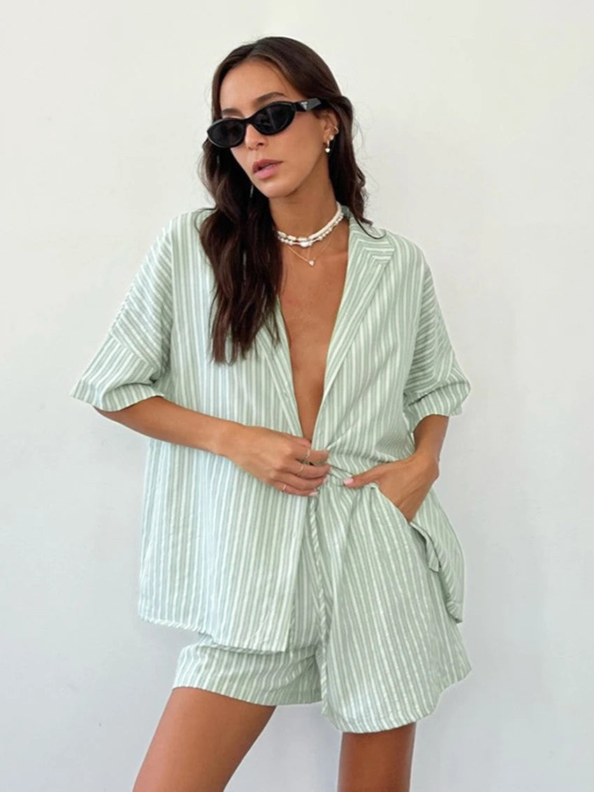 Women's Striped Shirt & Shorts Pyjama Set