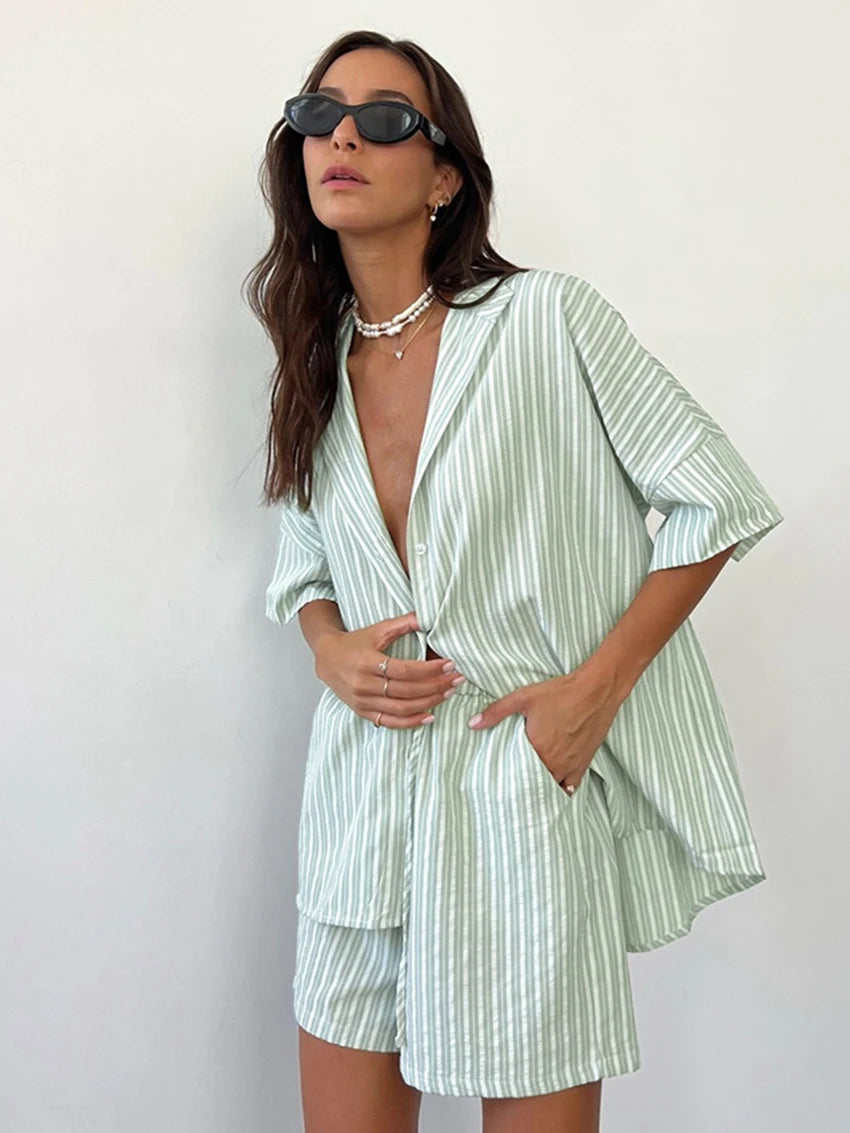 Women's Striped Shirt & Shorts Pyjama Set
