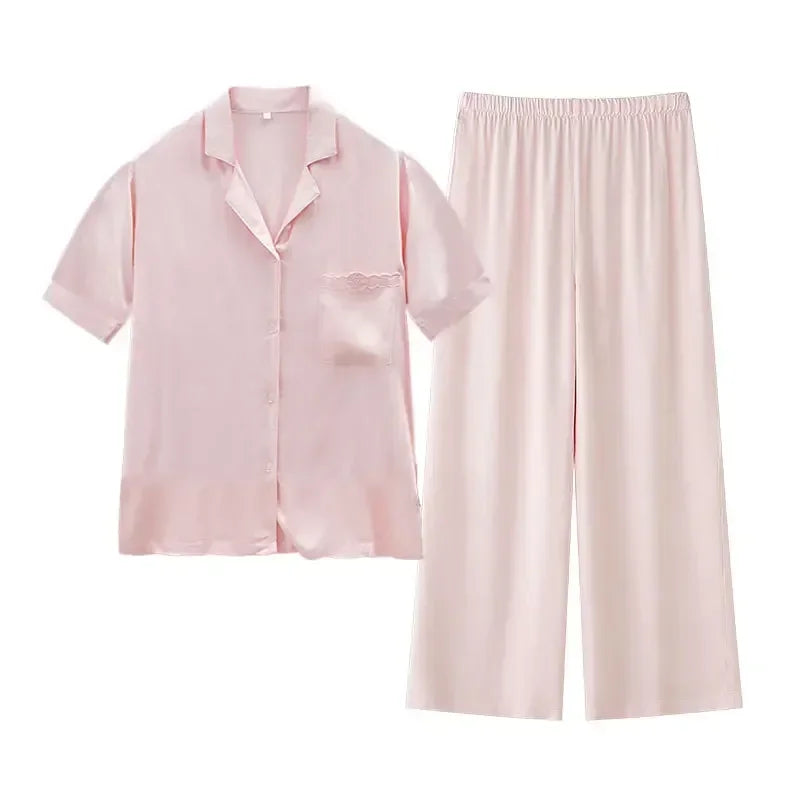 Women's Cotton Satin Embroidery Pyjama Set