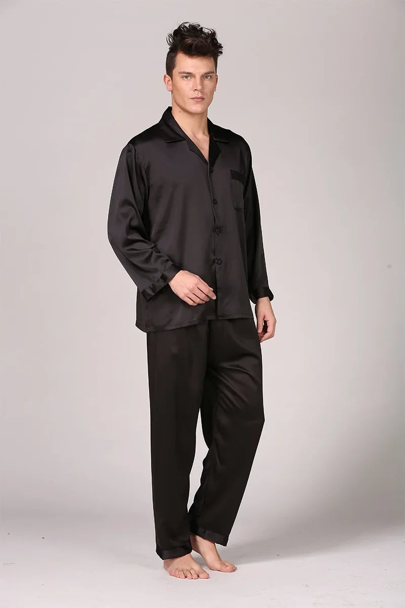 Men's Brown Black Long Sleeve Silk Pyjama Set