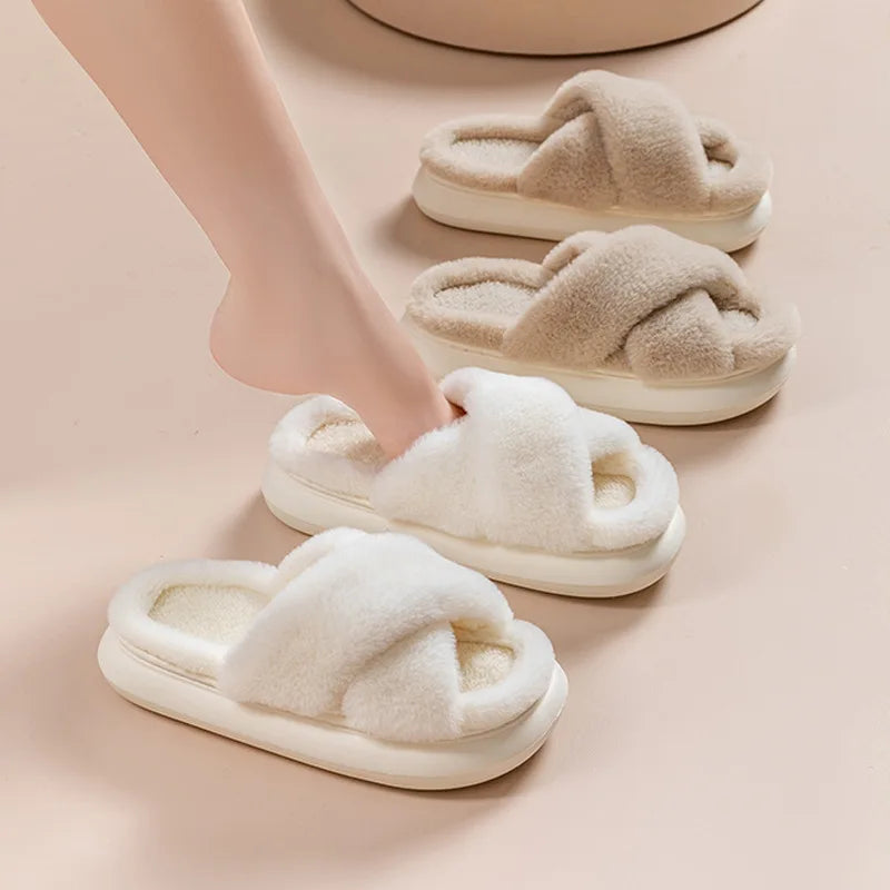 Women's Fluffy Criss Cross Slippers