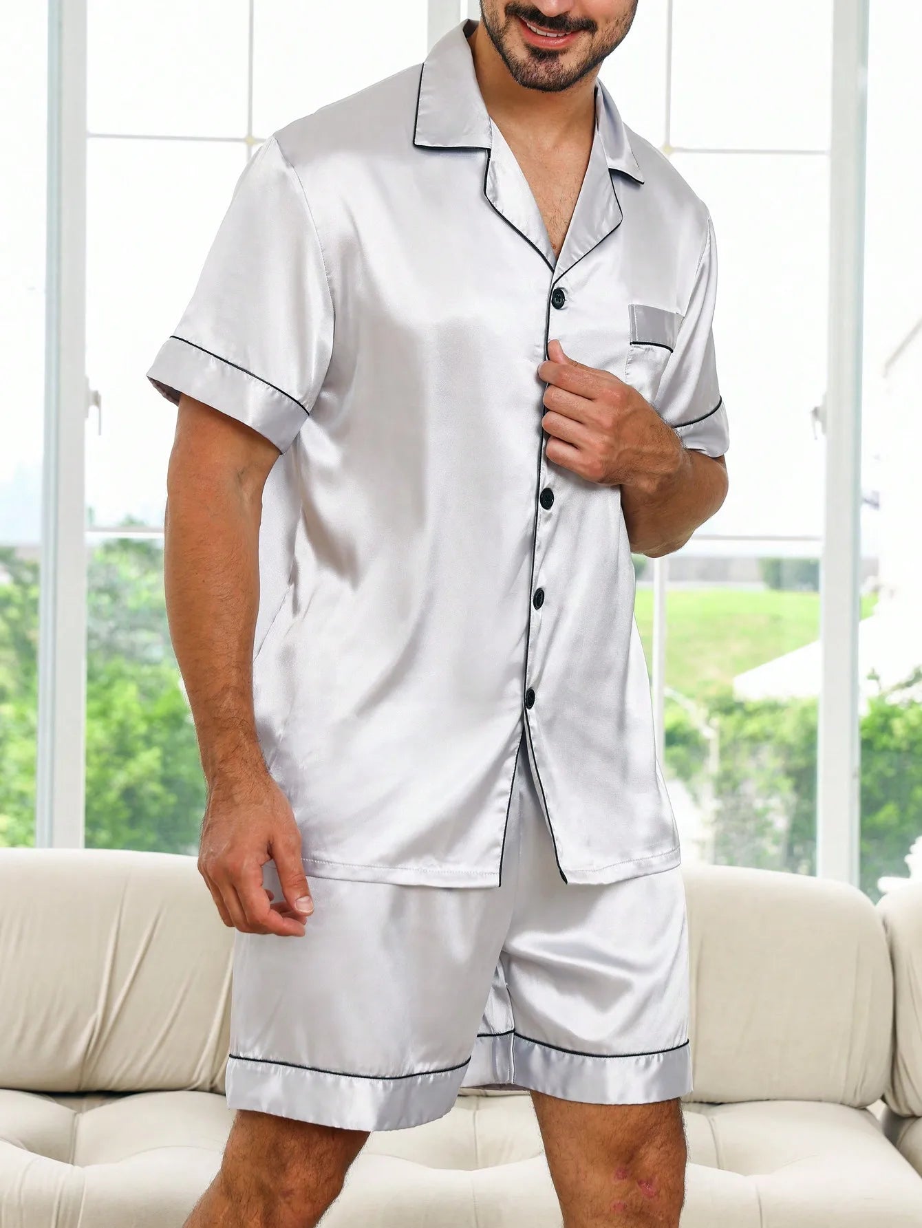 Men's Button Up Satin Shorty Pyjama Set