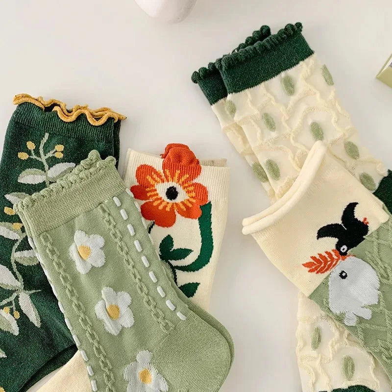 Women's Retro Green Flower Socks