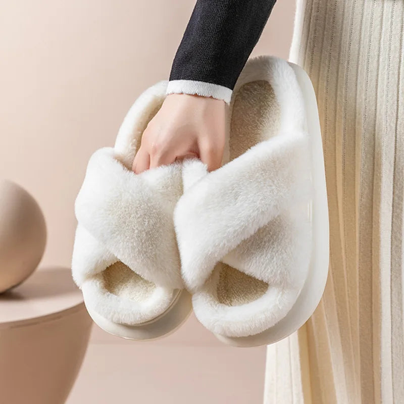 Women's Fluffy Criss Cross Slippers