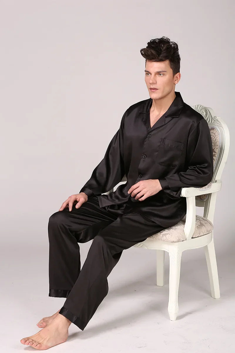 Men's Long Sleeve Silk Pyjama Sleepwear Set