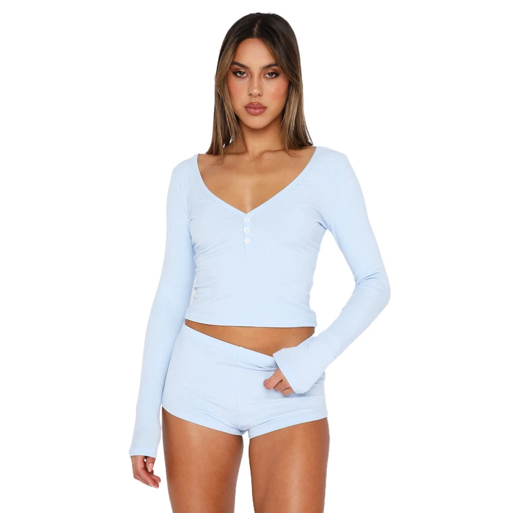 Women's Solid V-Neck Top & Low Waist Short PJ Set