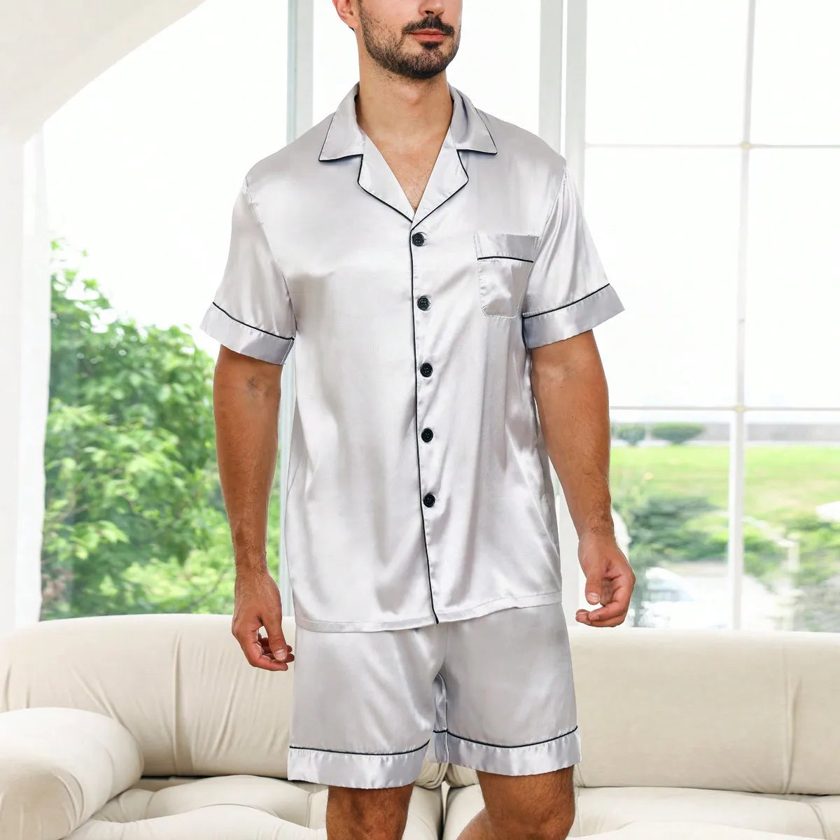 Men's Button Up Satin Shorty Pyjama Set