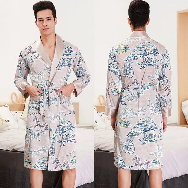 Men's Grey Robe with Blue Bonsai Print