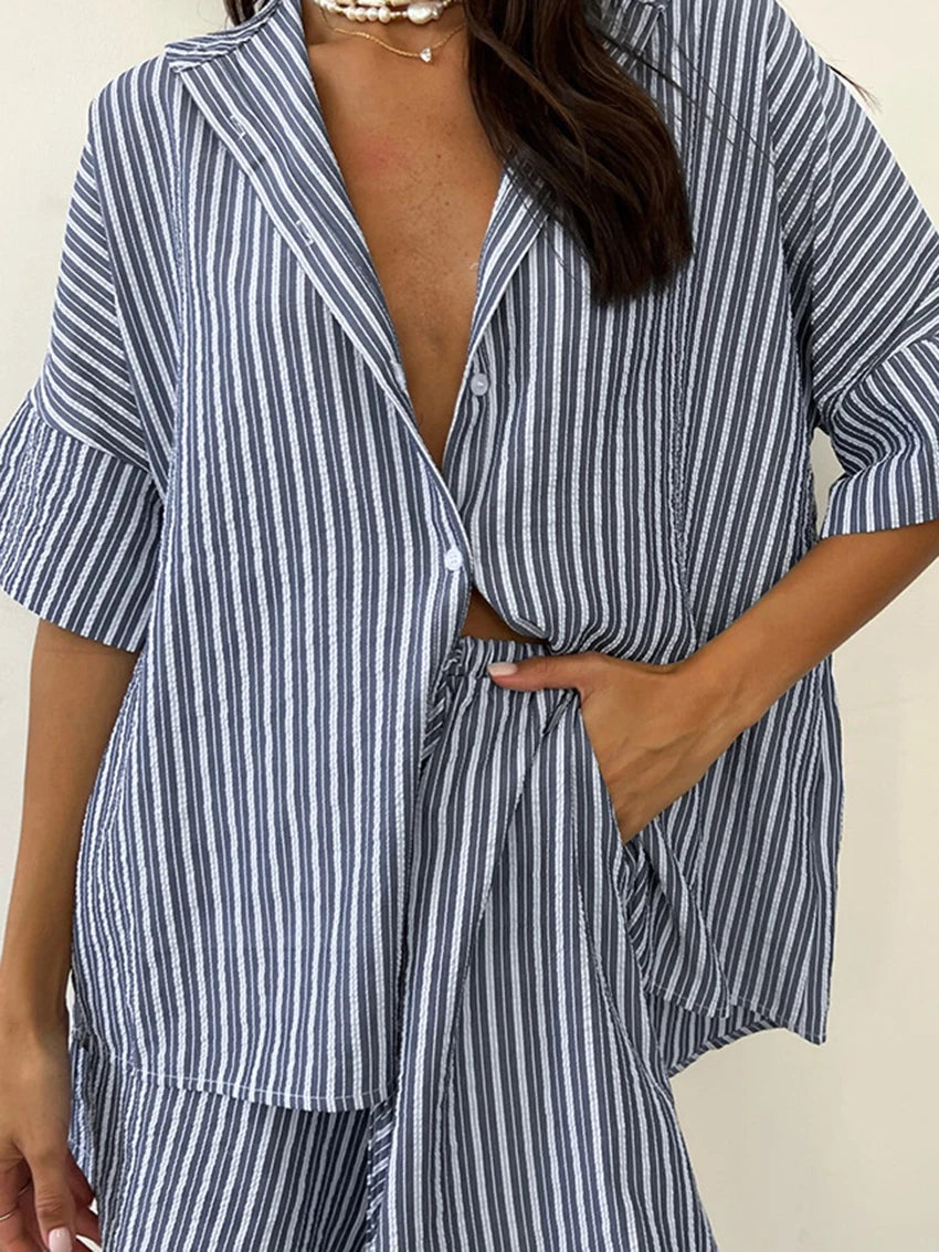 Women's Striped Shirt & Shorts Pyjama Set