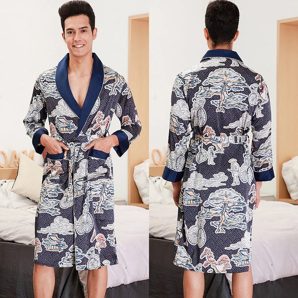 Men's Dark Blue Silk Satin Robe