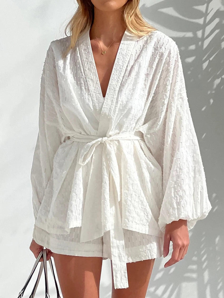 White Lace-Up Robe & Shorts Set