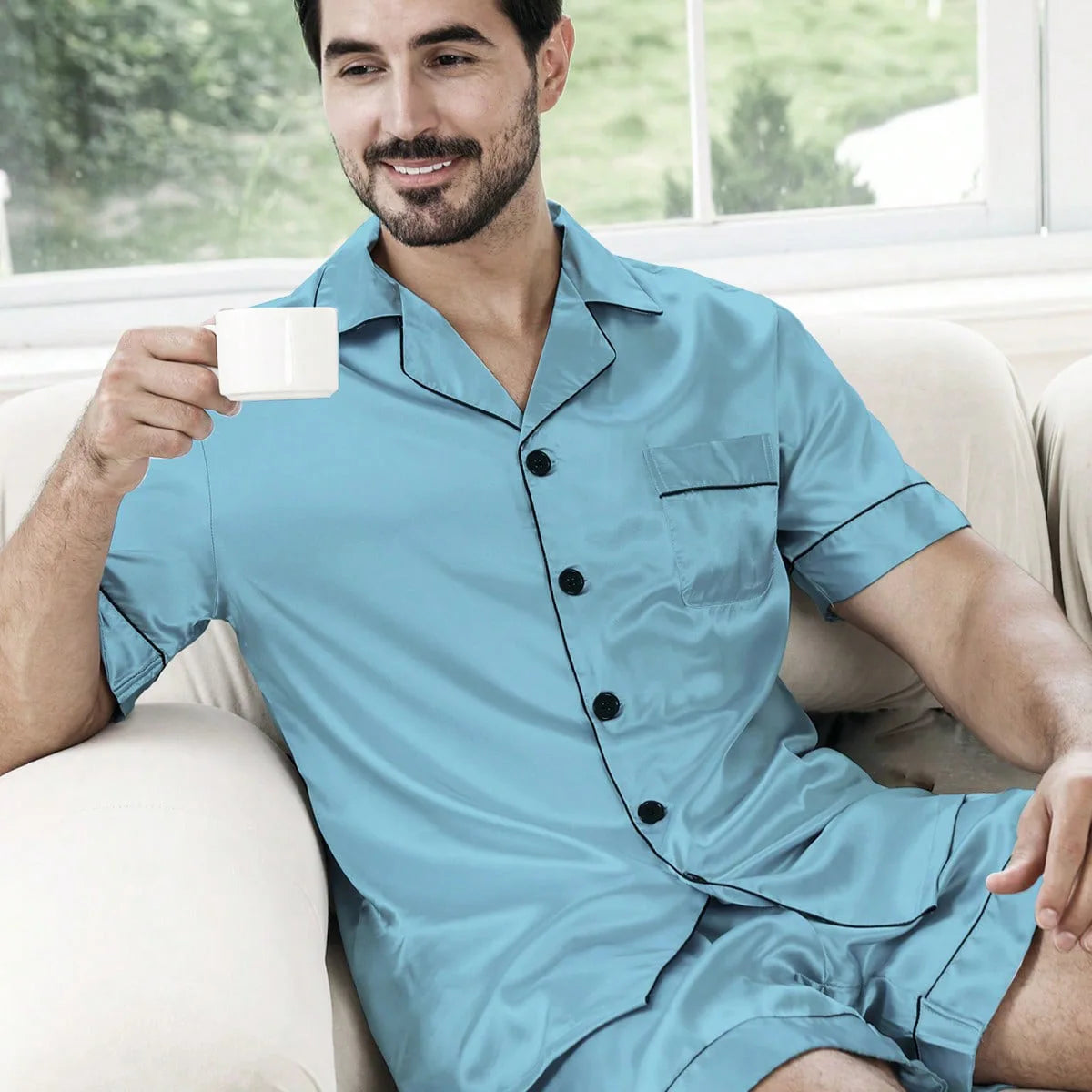 Men's Button Up Satin Shorty Pyjama Set