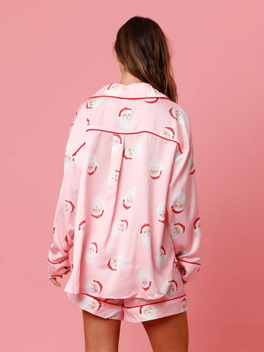 Women Pink Christmas Santa Pyjama Shortie Set