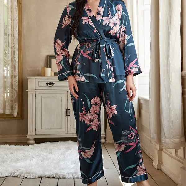 Plus Size Women's Satin Cardigan Pyjamas Set