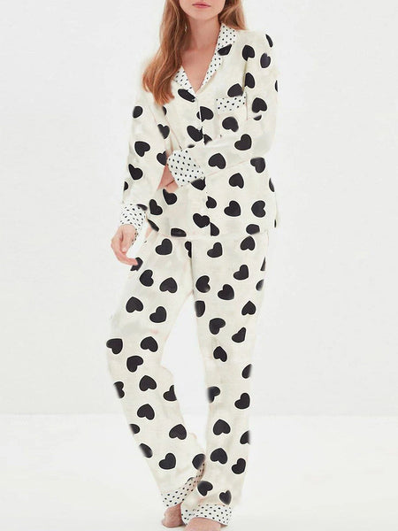 Women's Heart Print Button-Up Pyjama Set