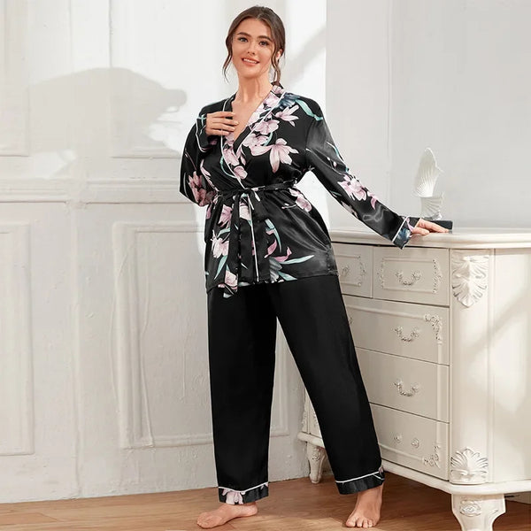 Plus Size Women's Satin Cardigan Pyjamas Set